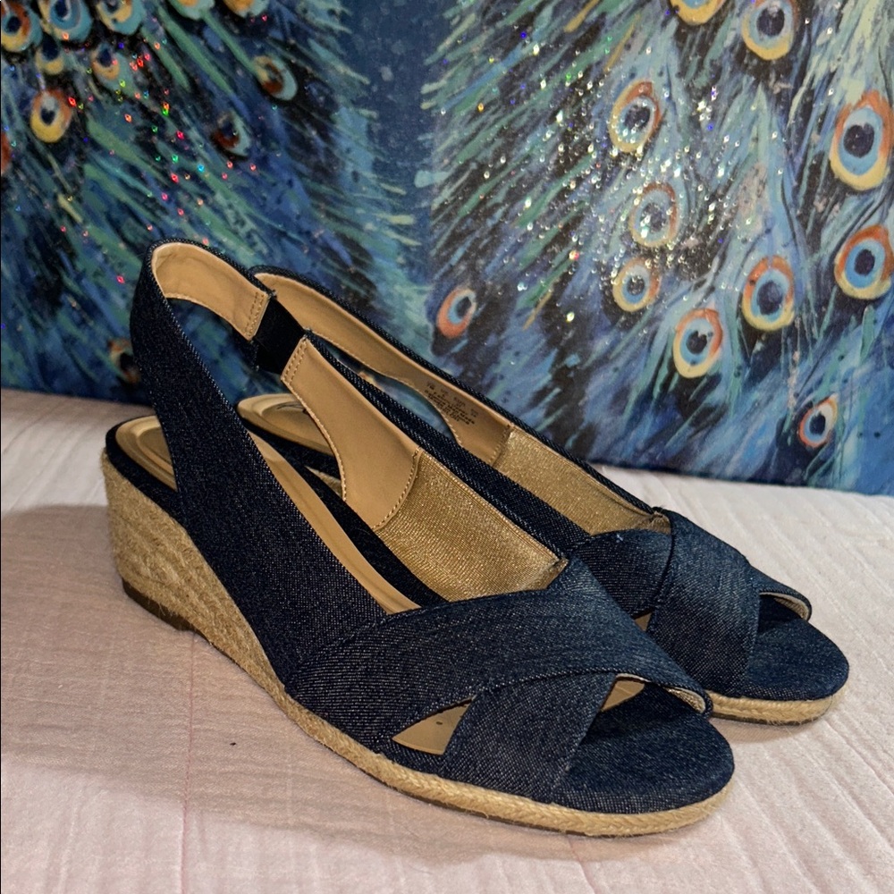 Abella Size 7 Denim Peep Toe Wedges